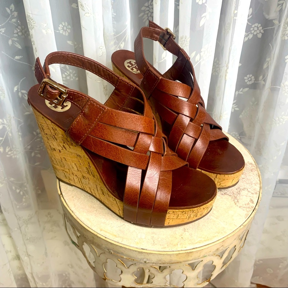 Tory Burch brown leather cork heeled wedge open toed sandal size 10 M